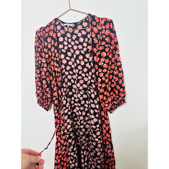 GANNI Red Black Floral Wrap Puff Sleeves V-Neckline Midi Dress size 36 - Picture 12 of 16